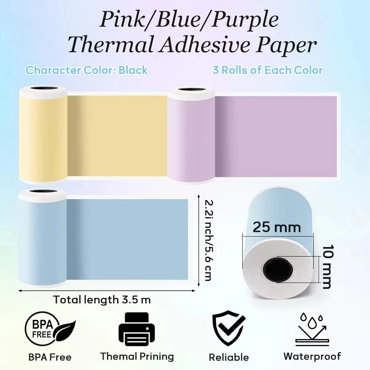 3/6/9/12롤 57x30mm 어린이 카메라 리필 롤: 노란색/파란색/분홍색 BPA 프리 감열지