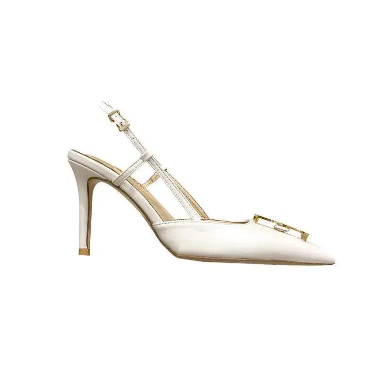 2024 New Summer Metal Buckle Baotou Fashion Sandals Women's Stilettos with Pointed Back  White Elegant for Ladies' Shoes heels