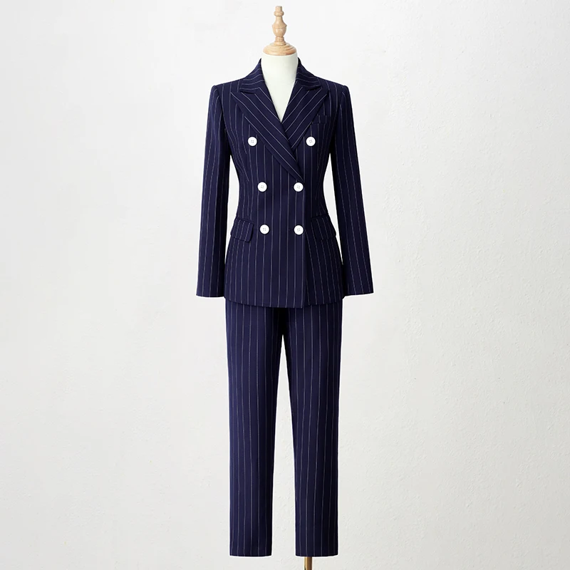 

Blazer suit women's autumn black double-breasted striped fashion two-piece set