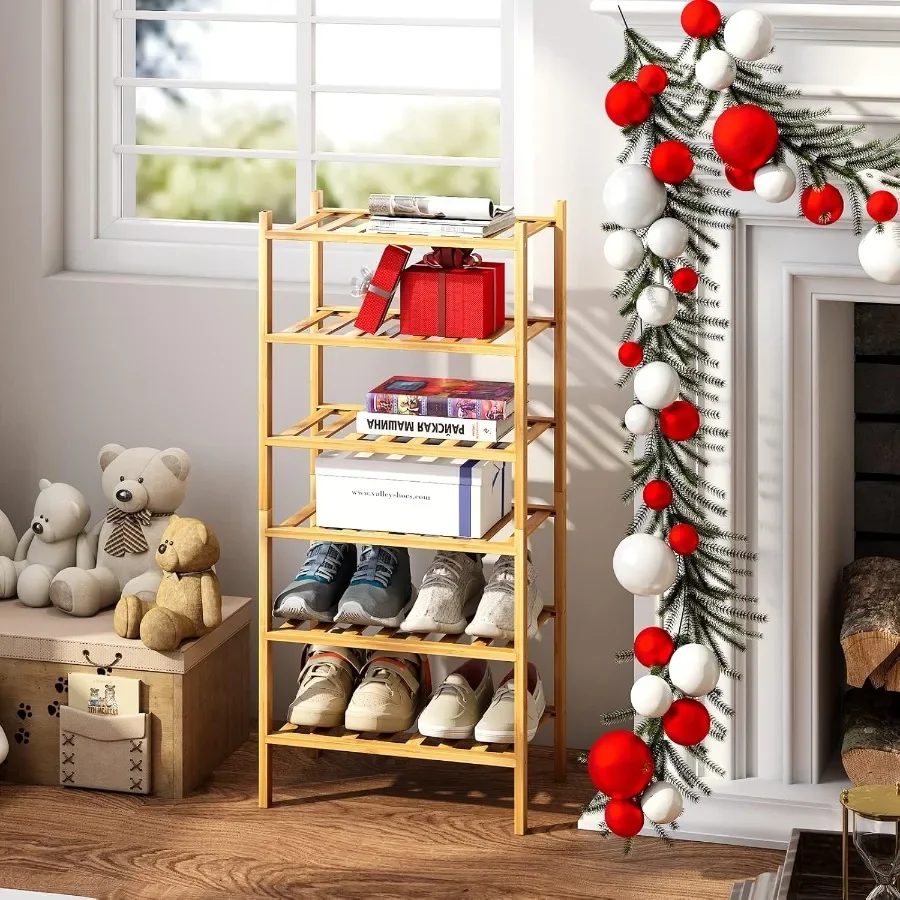 6Tier Small Shoe Rack for Entryway Stackable Heavy Duty MultiFunction Bamboo Free Standing Shoe Racks for Bedroom Hallway Close