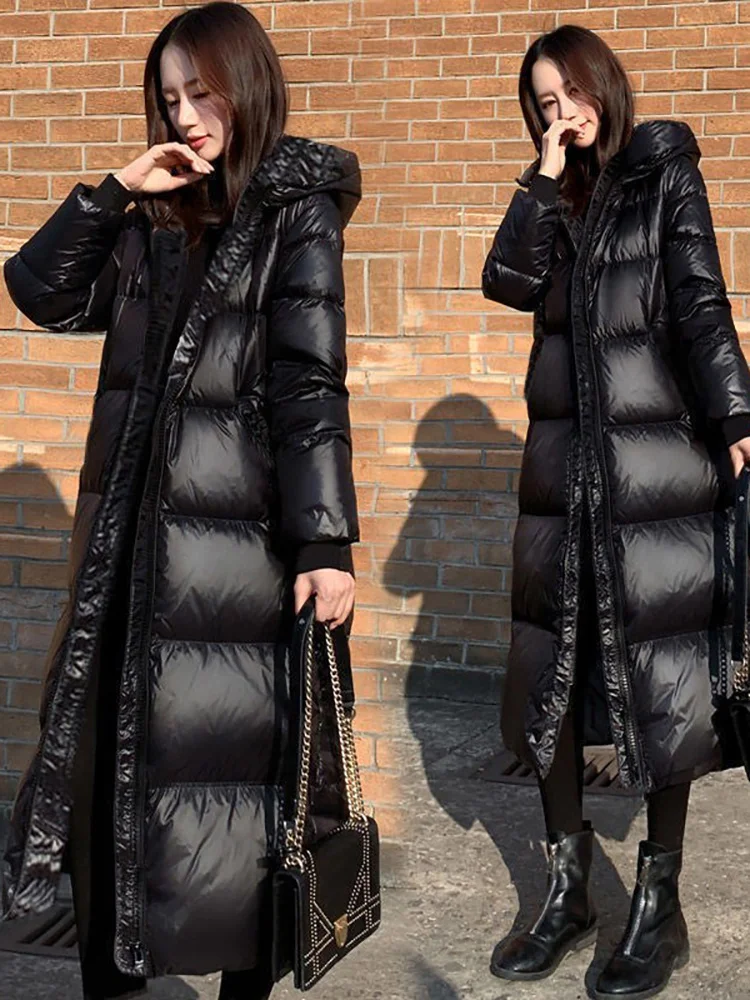 

Black Glossy Parka Coat Women's 2023 Fashion Thicken Winter Hooded Loose Long Jacket Female Windproof Rainproof Warm Outwear