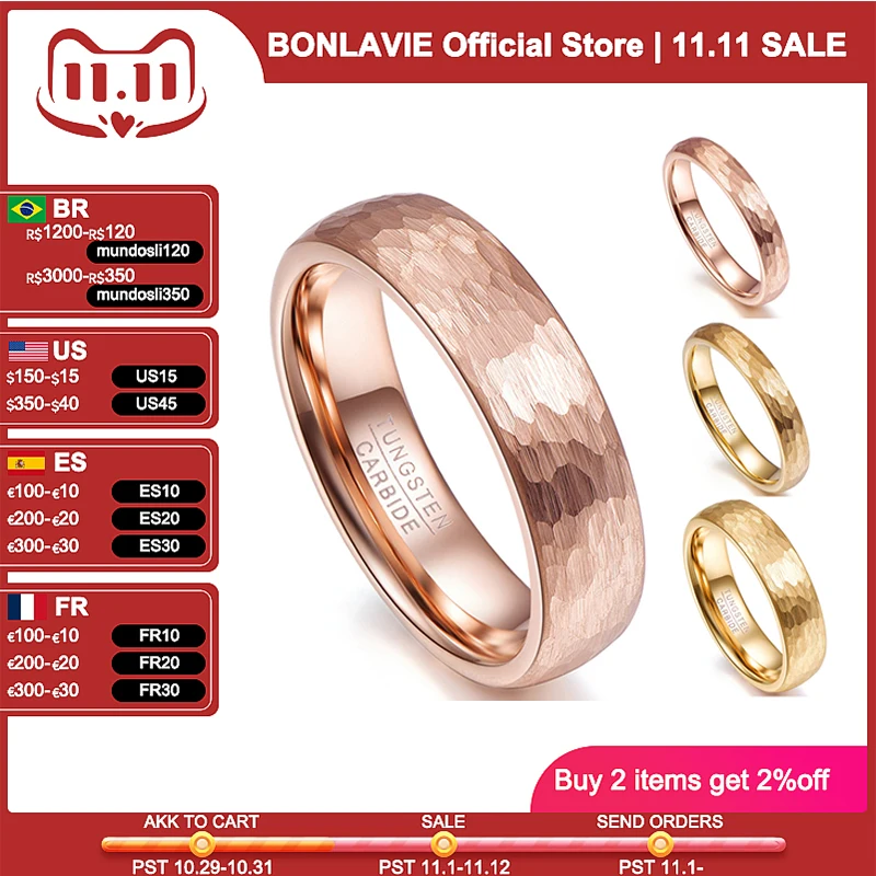 BONLAVIE 4mm 6mm Tungsten Steel Rings Classic Men Women Wedding Bands Ring Jewelry Gold Rose Color Geometric Figure Couple Gift 2