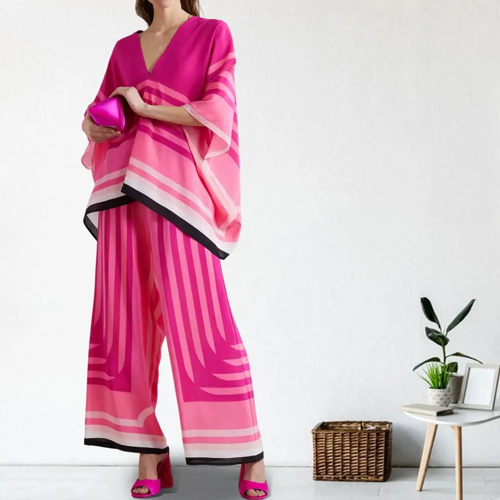 2 Pieces/set Women's Tops And Pants Suit V-neck Printed Dolman Sleeves Side Pockets Wide-leg Stage Performance Clothing