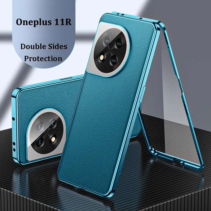 360 Full Protection Case for Oneplus 11R CPH2487 Metal Bumper Clear Front Glass with Back PU Leather Hard Cover for Oneplus 11 R