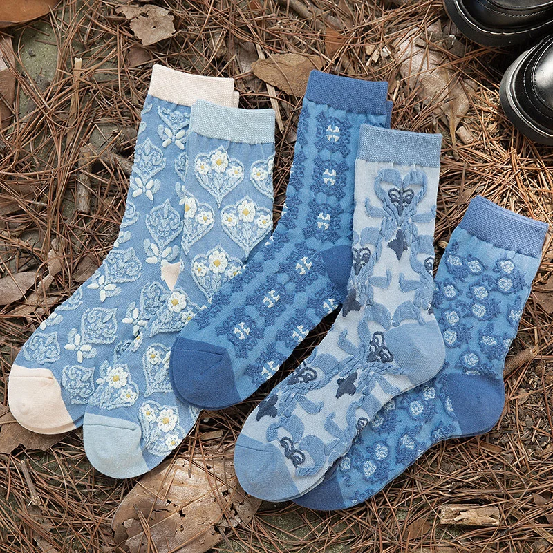 5 Paar Retro-Damensocken im Palaststil mit strukturiertem, modischem dreidimensionalem Relief, weiche und bequeme Freizeitsocken – Detail 6