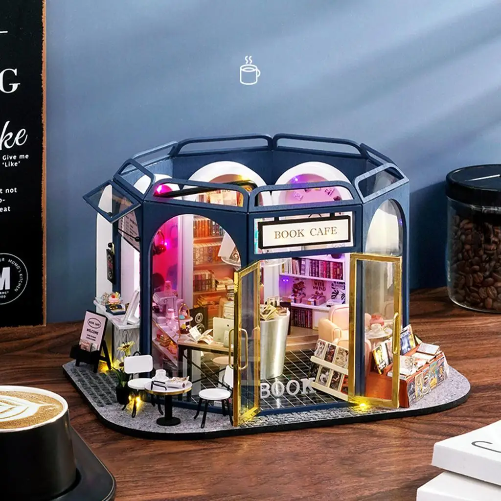 with Furniture Kit LED Light Wood Crafts Book & Coffee House