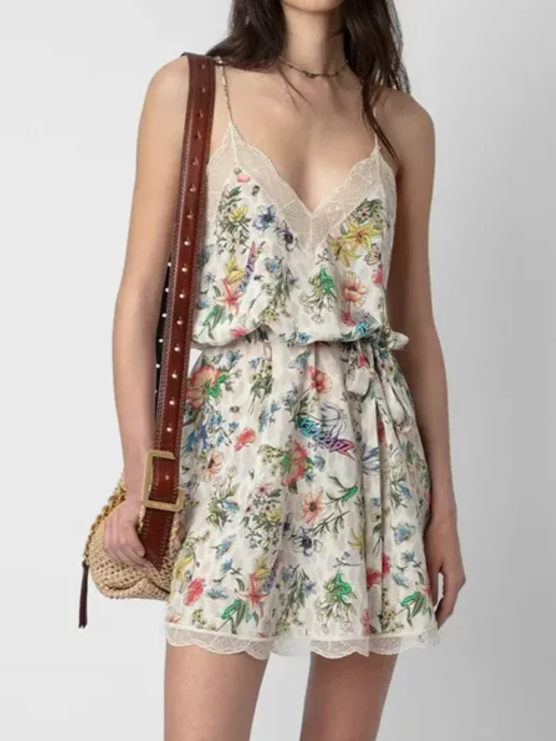 

Women Sling Mini Dress Floral Letter Print Lace Spliced V-Neck Sleeveless Backless Holiday Summer 2024 Robe