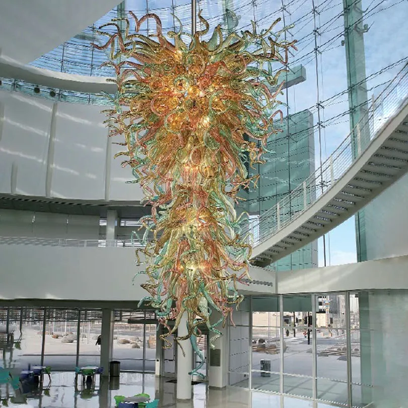 

Modern Large Pendant Lighting 60 Inches High Hanging Green Pink Amber Color LED Hand Blown Glass Chandeliers