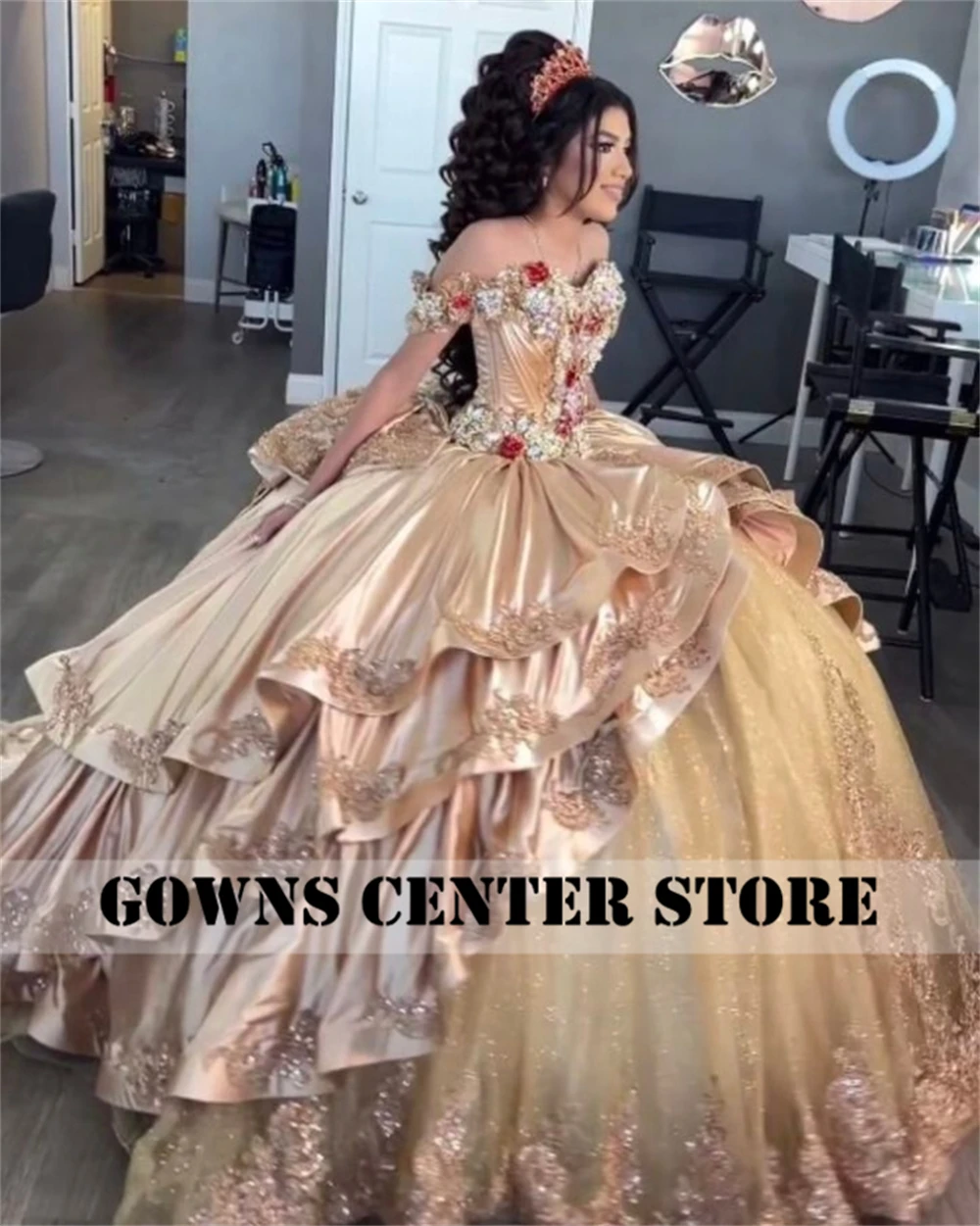 Party Dress Quinceanera Dresses Princess Mexico Champagne Gold Quinceanera Dresses Off The Shoulder Flowers Satin Ruffels Ball Gown Sweet 16