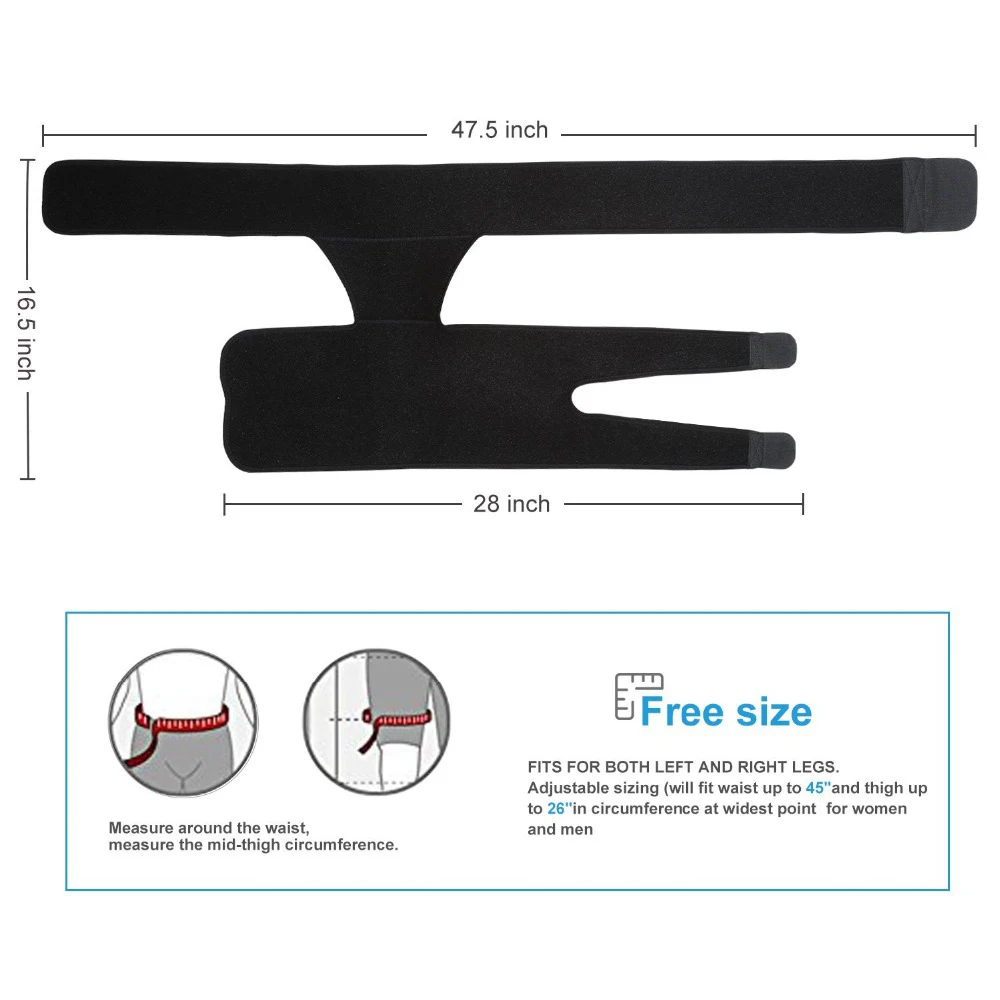 Size chart for the hip support brace showing measurement guidelines to help buyers select the correct size for groin, thigh, and hip brace fit.