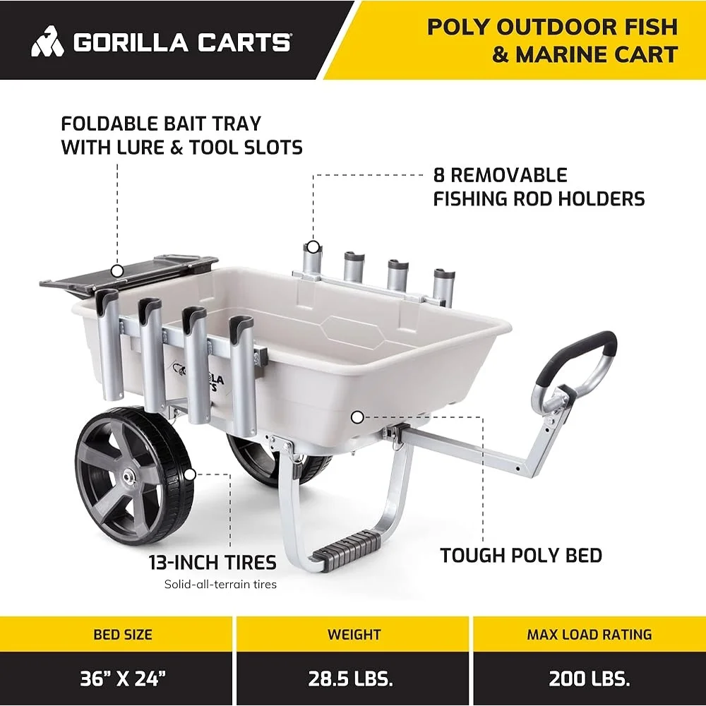 Heavy Duty Fishing Cart Marine Utility Wagon All Terrain Tires with Rod Holders and Foldable Bait Tray 200lb Capacity