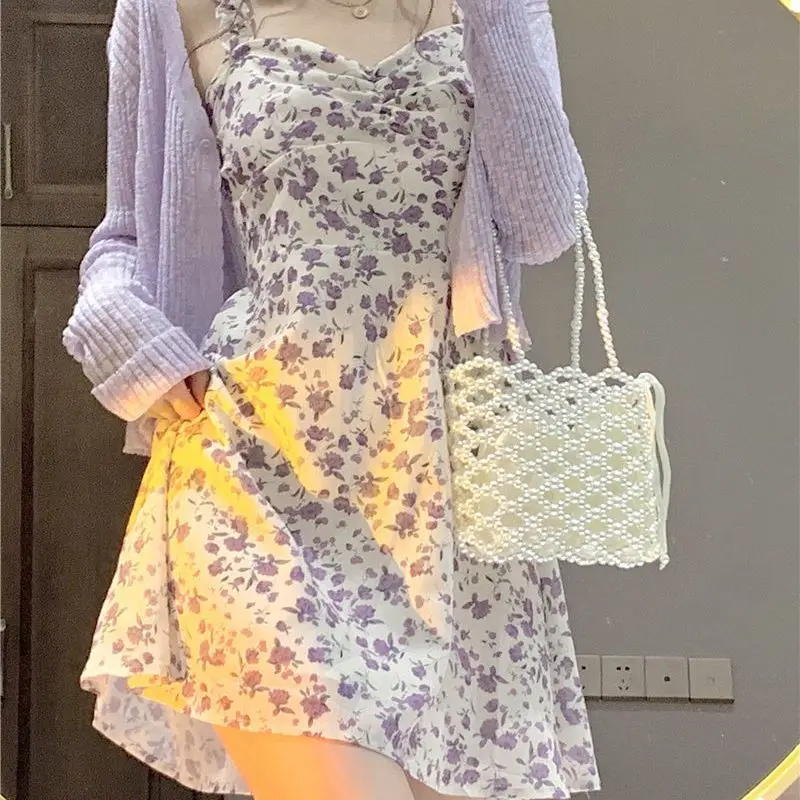 

Summer New Print V-neck Sweet Dress Women's Suspender Skirt Slim Slimming Short Hip Dress