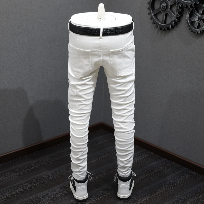 High Street Fashion Men Jeans White Elastic Stretch Skinny Jeans Men Multi Pockets Spliced Designer Hip Hop Denim Pants Hombre