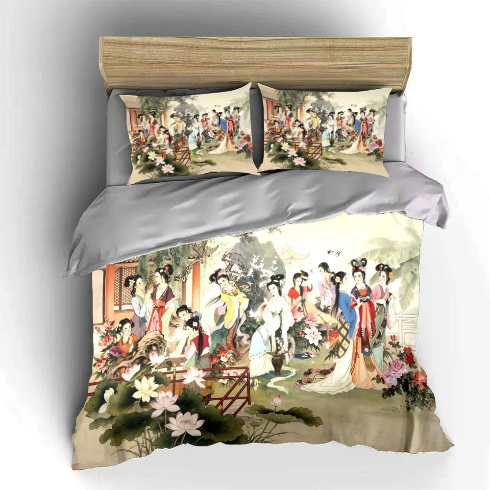 Chinese Ancient Painting Bedding Set,3pcs Elegant Traditional Lady Art Duvet Cover Set,Soft Home Decor Bedding for Bedroom,gift 5