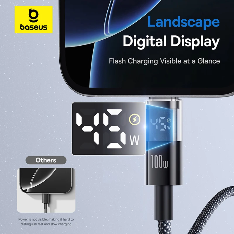 Baseus USB C Cable 100W For iPhone 17 16 15 Pro Max LED Dispaly USB Cable Type C for Macbook pro Fast Charge Wire for Xiaomi - Image 4