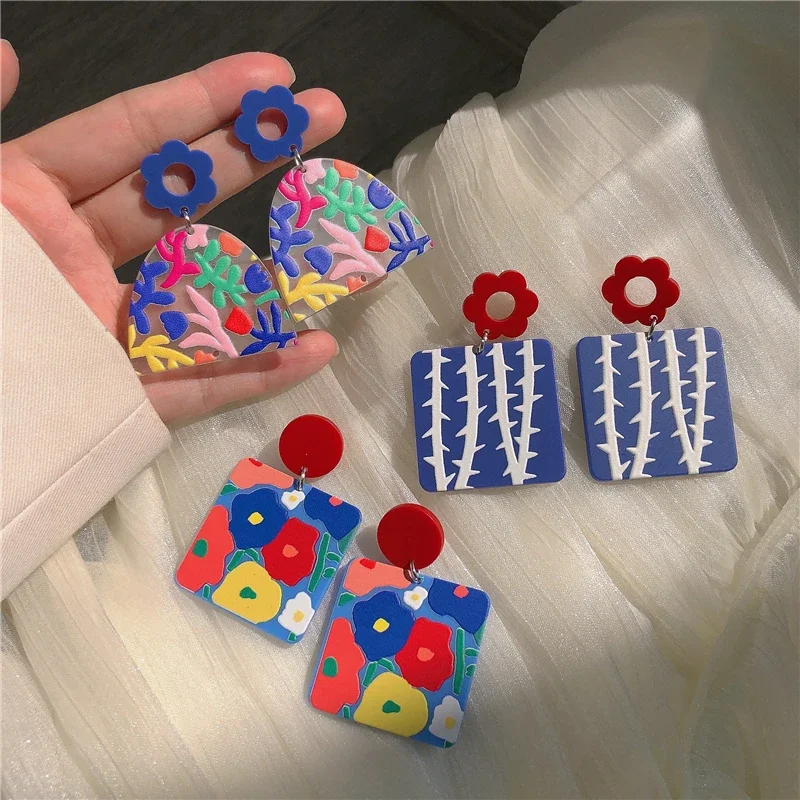 

Colorful Flower Dangle Earrings Set for Women Girls, Fashion Oil Painting Style Earrings Ins Design Eardrop Jewelry for Birth