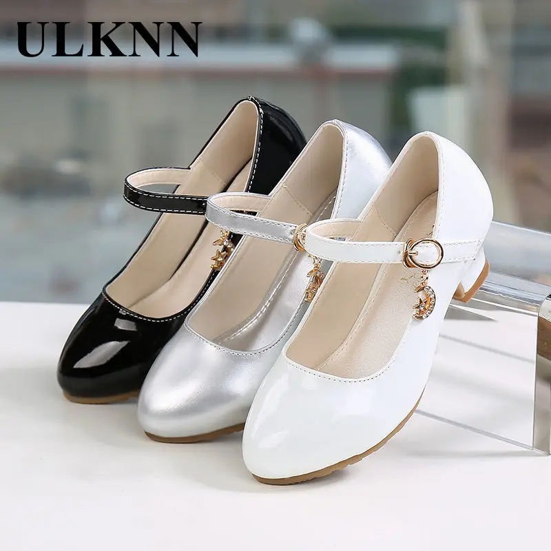 Girl's Leather Shoes Princess Silver Shoe for Girls Sandals High Heel Glitter Shiny Rhinestone Enfants Party Shoes