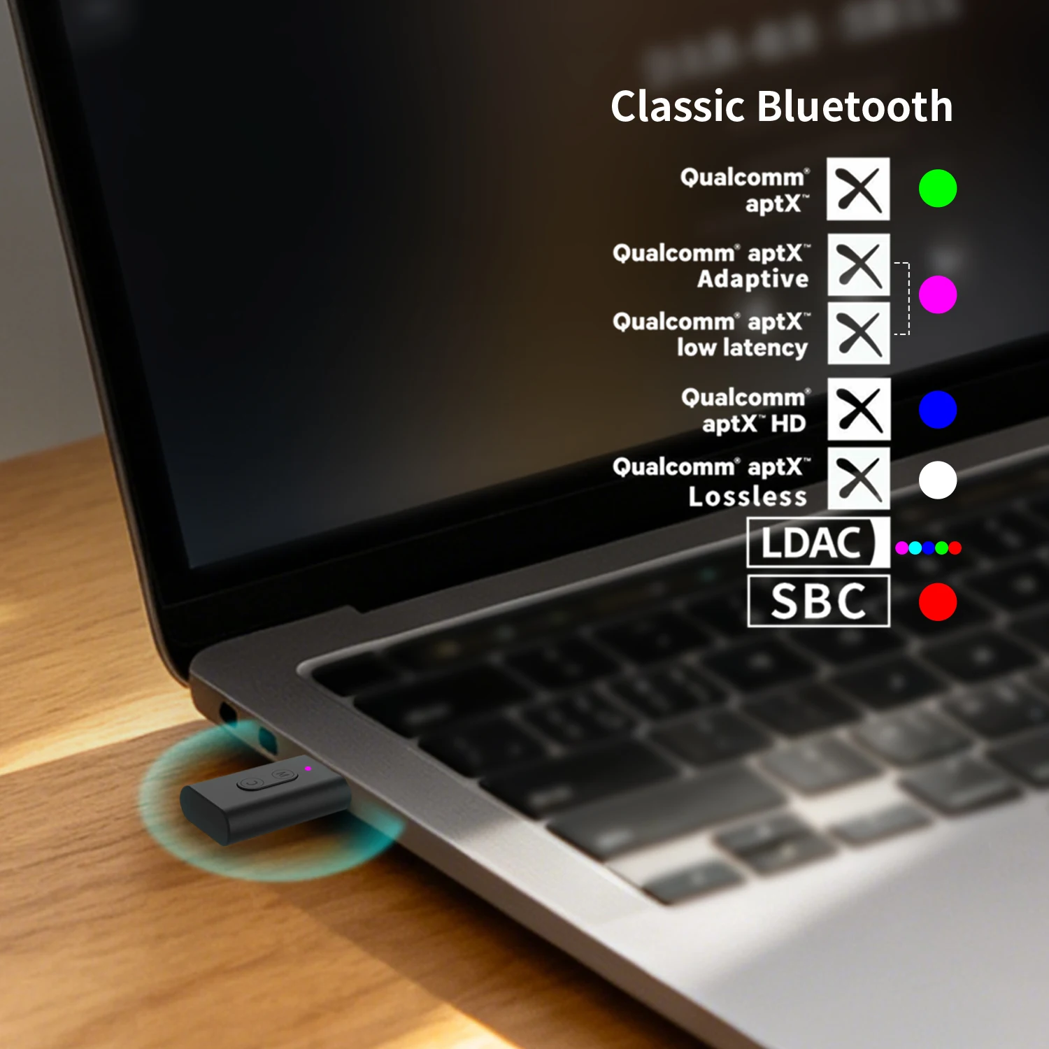 블루투스 6.0 USB-C Auracast LE 오디오 송신기, aptX 무손실 HD 저지연 LDAC LC3, 앱 지원, 암호화된 Auracast