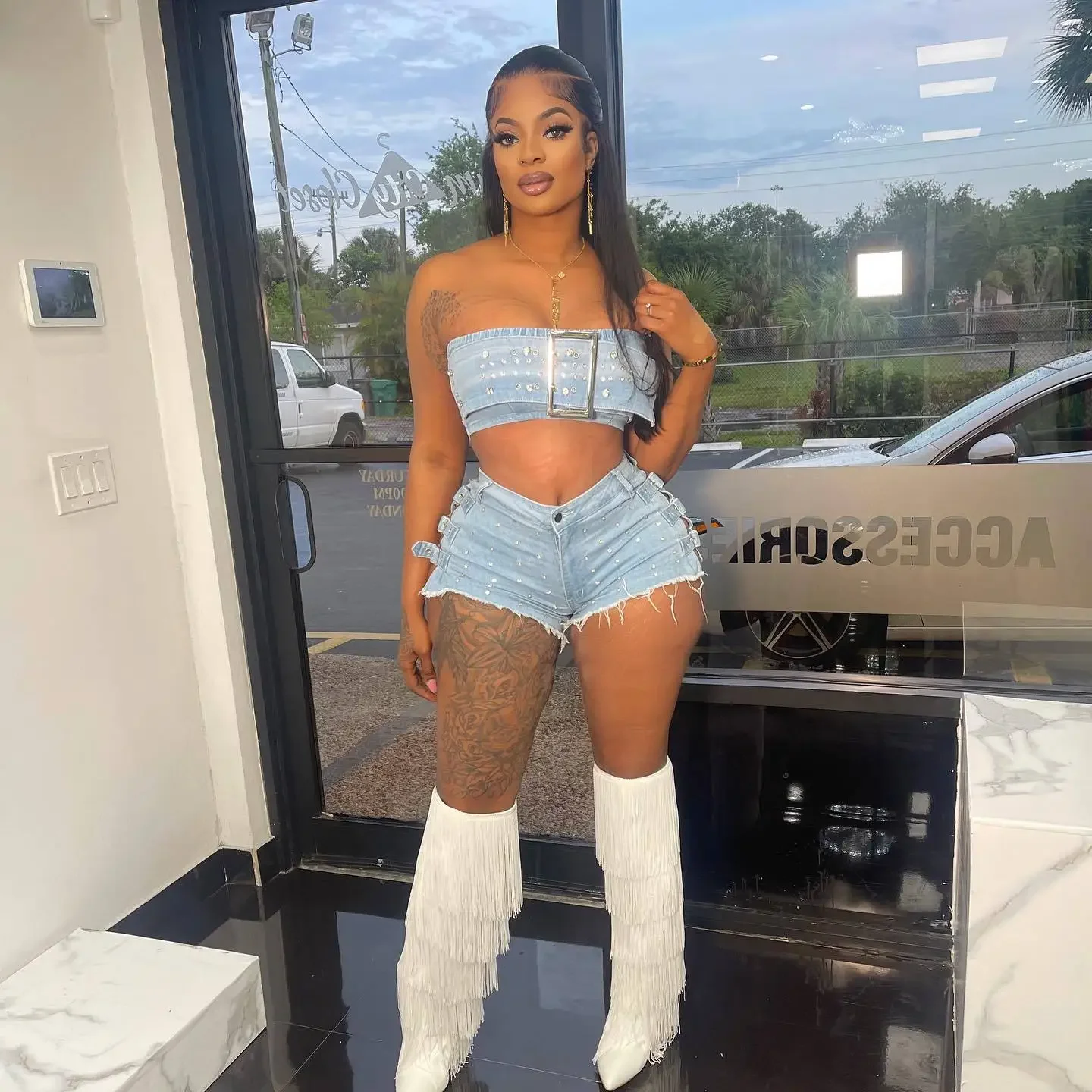 Summer Denim Women Set Sleeveless Strapless Tops and Diamond Jeans Shorts 2024 Street Two 2 Piece Sets Outfit Tracksuit women fashion cutout side pocket sleeveless wrap v neck halter neck jumpsuit 2023 tracksuit street romper one piece set playsuit