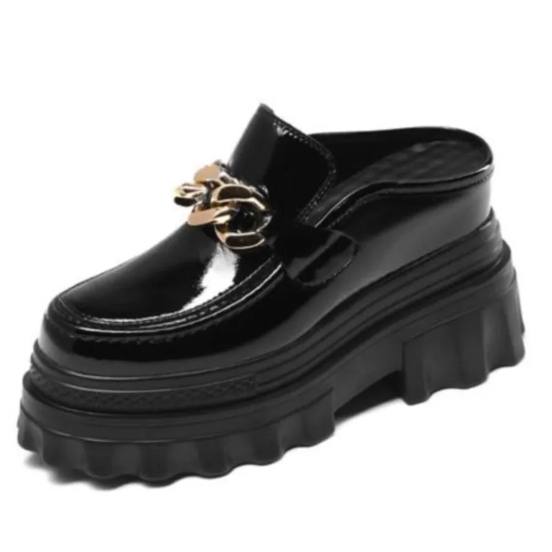 

Patent Leather Hollow Mules Round Toe Super High Heel Slip On Summer Flat Platform Metal Chains White Sneakers Vulcanized Shoes