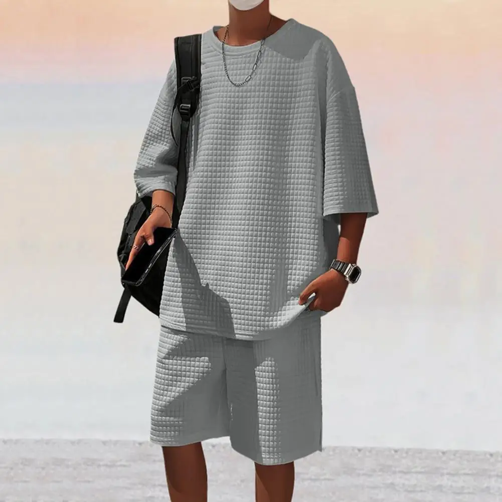 Men T-shirt Shorts Set Men's Summer Sport Outfit Set with O-neck T-shirt Wide Leg Shorts Solid Color Waffle Texture Elastic