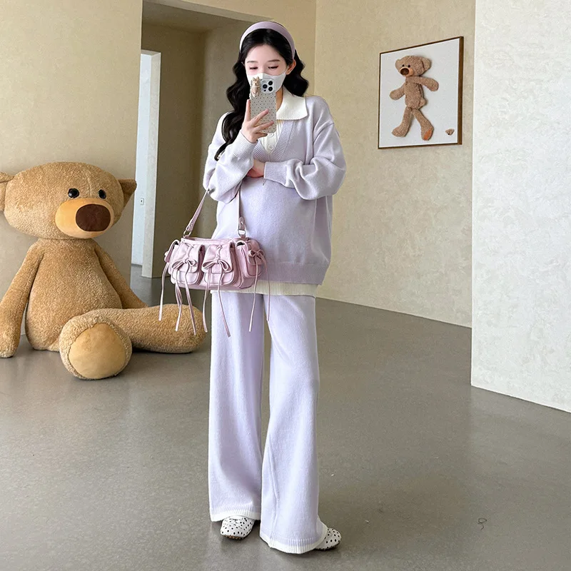 2025년 가을 신상품 미니멀리스트 귀여운 우아한 라펠 페이크 투피스 스웨터와 와이드 레그 팬츠 투피스 세트