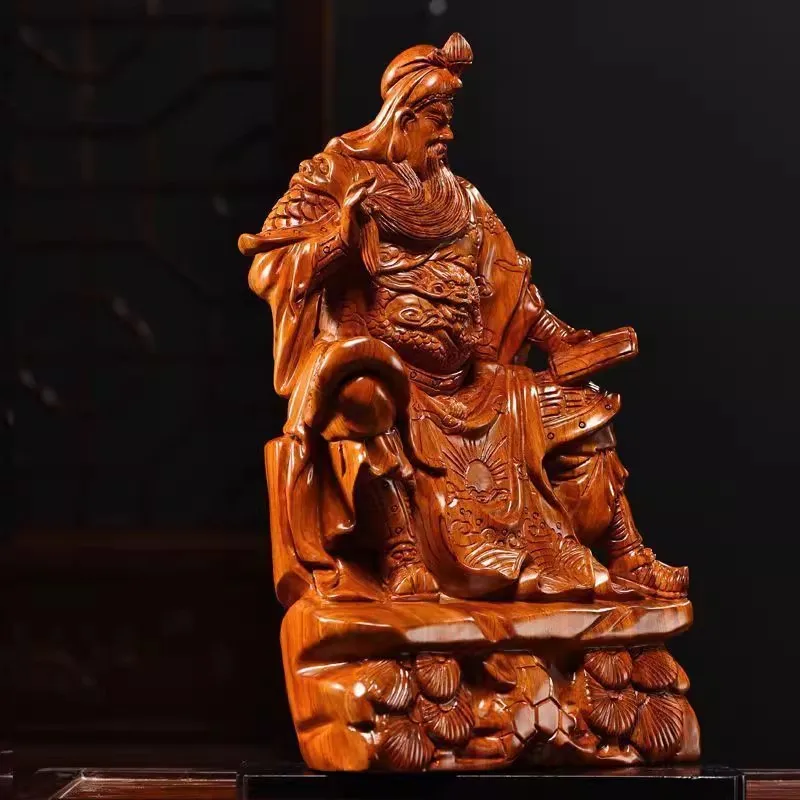 Rosewood Scholar Guan Yu Statue - Chinese Wealth God Sculpture for Home & Office, Reading Pose Feng Shui Decor