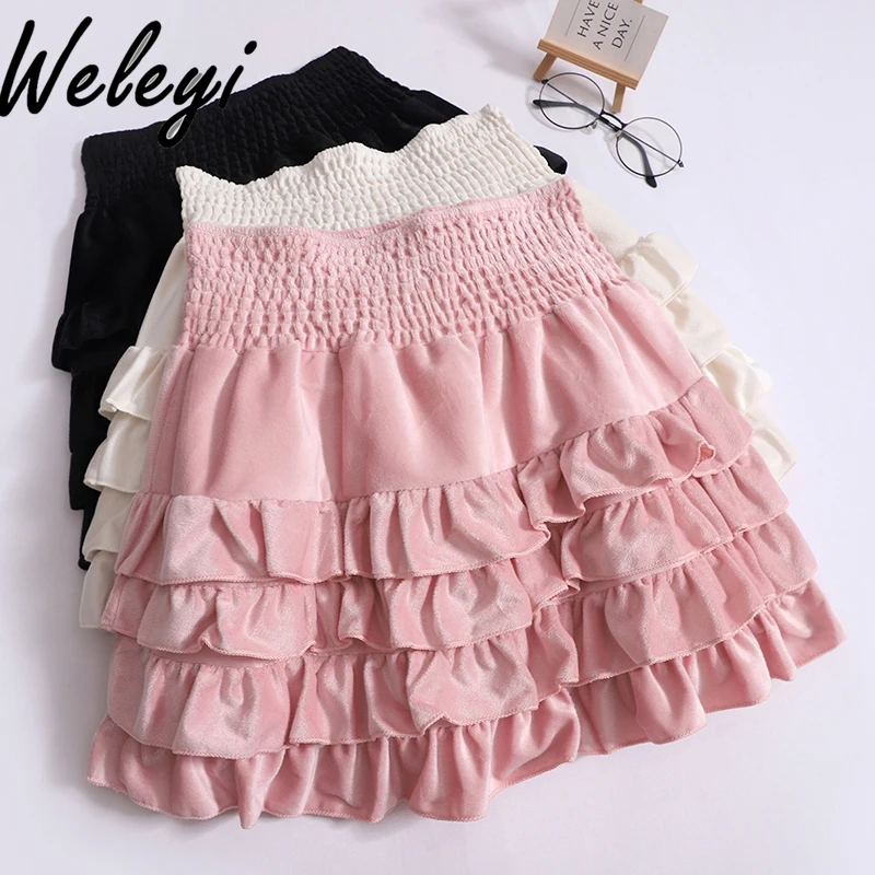 Cute Kawaii Skirt Woman Clothes 2024 Sweet Summer Fashion New High Waist Petite Ruffled Velvet Cake A Line Pleated Petti Skirts michel richard delalande petite motets