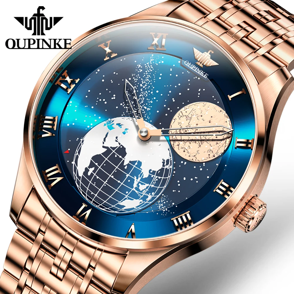 Oupinke New Moon Phase Watch For Men 3D Earth Starry Sky Quadrante Rotante Orologi Da Polso Meccanici Automatici Moonswatch Da Uomo Di Lusso