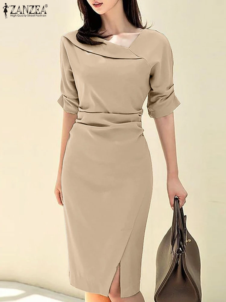 

ZANZEA Women Elegant Midi Dress Sexy Slim Bodycorn Sundress Fashion V Neck Half Sleeve Dresses High Waist Robe Work OL Vestido
