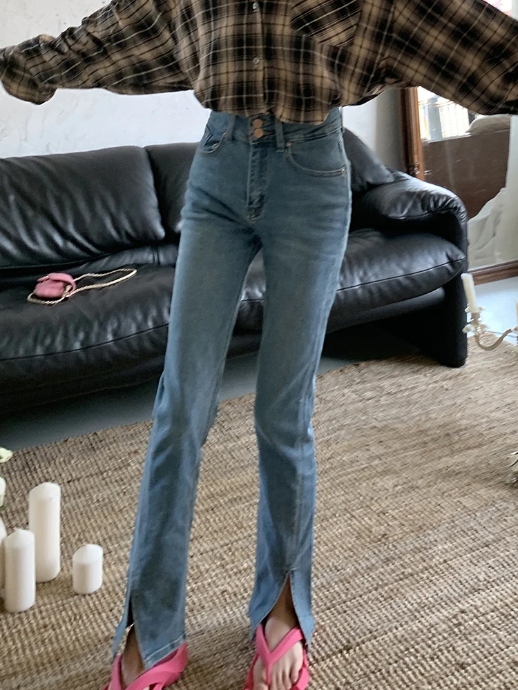 Vintage Fashoin Chic Double Buckle Front Split Trousers Female High Waist Strentch Jeans Women Flare Pants Wash Blue Denim Pants