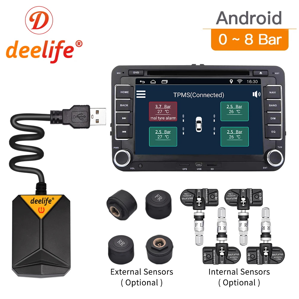 Deelife – système de surveillance de la pression des pneus, TPMS, Android,  capteur interne et externe, pour autoradio, lecteur DVD, USB, TMPS