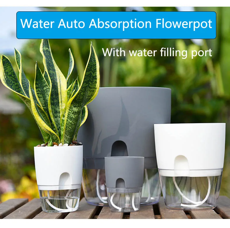Transparent Double Layer Plastic Flower Pot Self Watering Cotton Rope Watering Small Plant with Injection Port