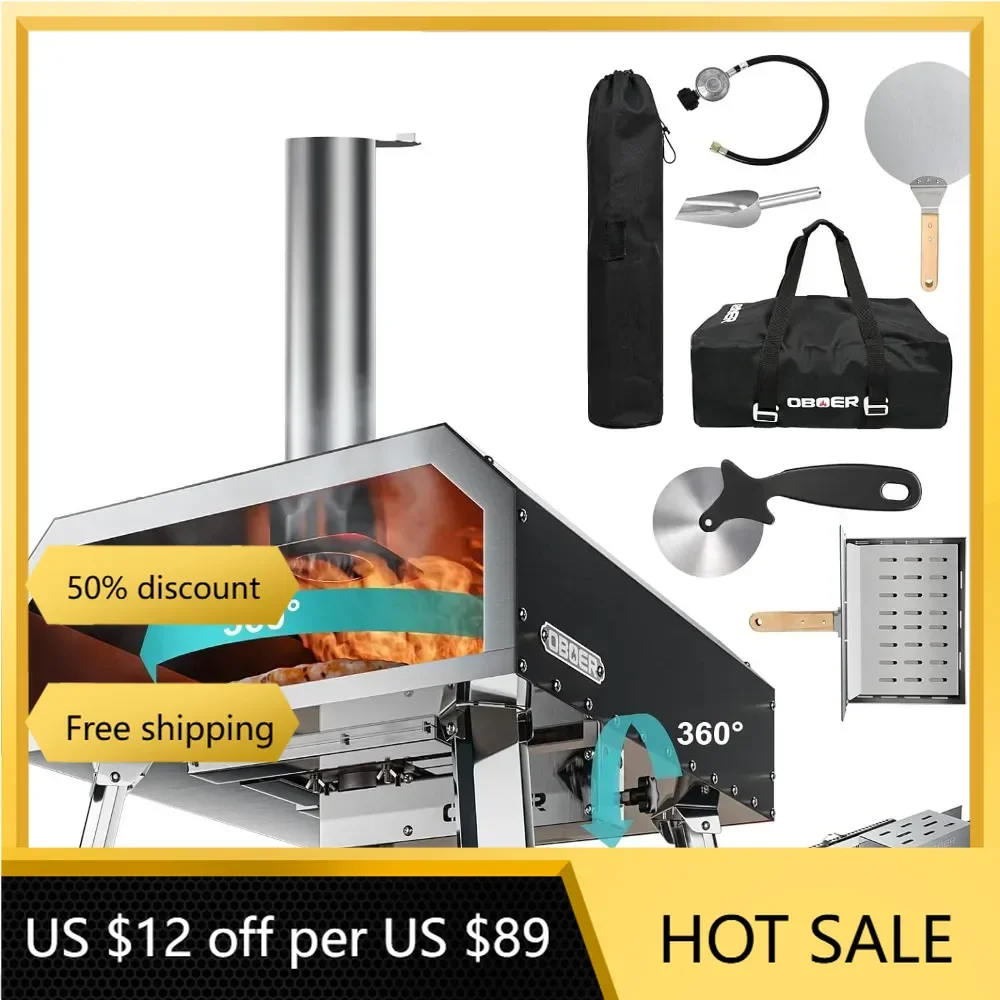 Pizza Oven Outdoor,16" Multi-Fuel Rotatable Pizza Ovens,Portable Wood Fired and Gas Oven,Stainless Steel 3-Layer Oven