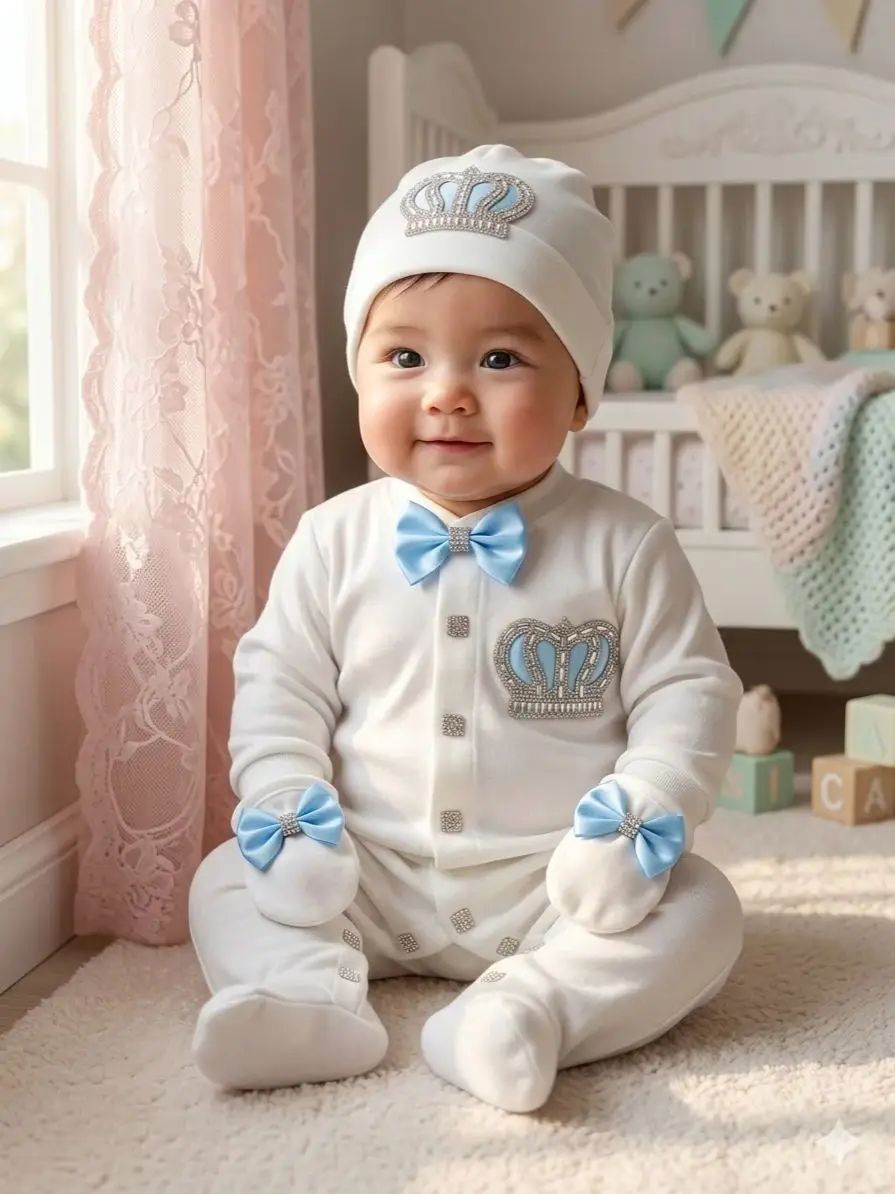 Dollbling Baby Mädchen Kleidung 3-teiliges Erstausstattungsset Neugeborenen Langarm-Strampler-Set mit Kronen-Schmuck-Design aus Weicher Atmungsaktiver Baumwolle – Detail 1