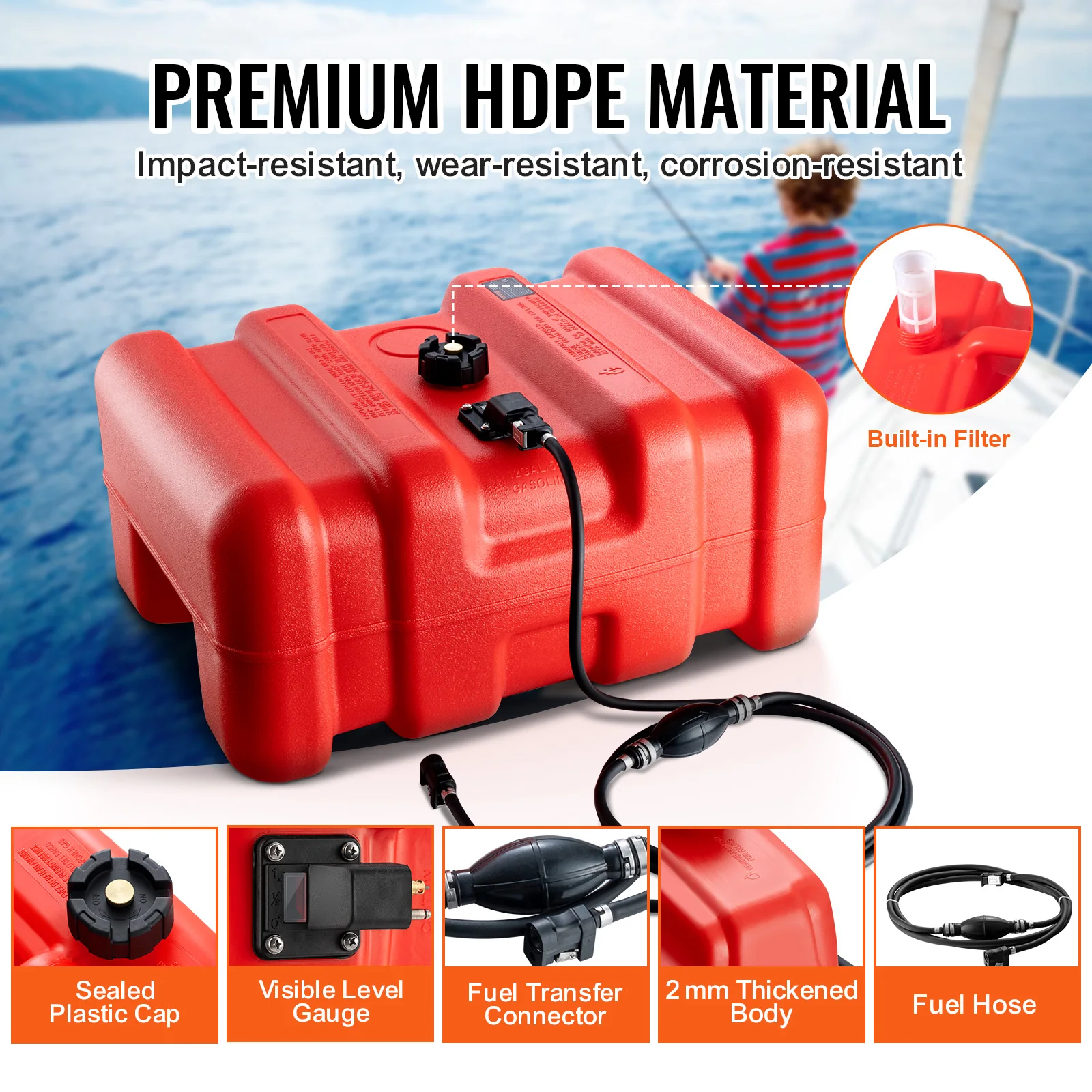 3/6/12Gal Marine Fuel Tank Portable Boat Fuel Gas Tank with Hose for Yacht Outboard Engine Fishing Boats petrol can
