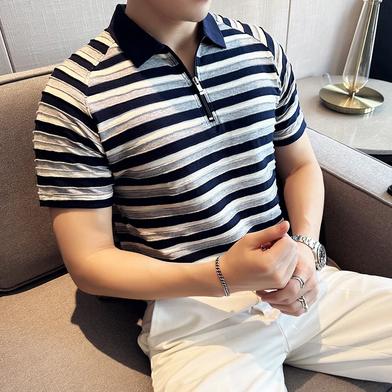 

Вогнутая и выпуклая дизайнерская полосатая цветная подходящая мужская деловая Повседневная рубашка-поло с отворотом красивая футболка с коротким рукавом