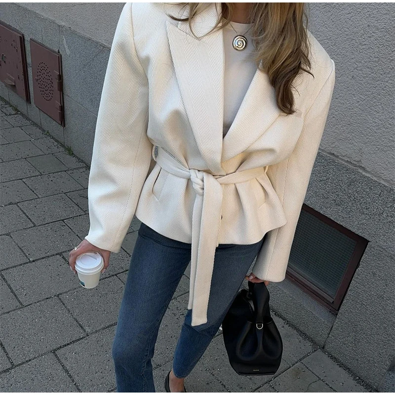 Street Lace Up Cropped Blazer Coat Women Loose Lapel Pocket Long Sleeve Suit Jackets Female 2025 Spring White All-match Outwear