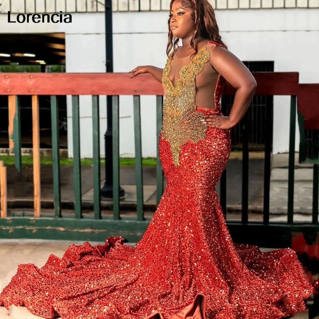 Lorencia laranja vestido de baile sereia lantejoulas, vestido preto de festa africano, Beading, vestido longo Aso Ebi, YPD140, 2024