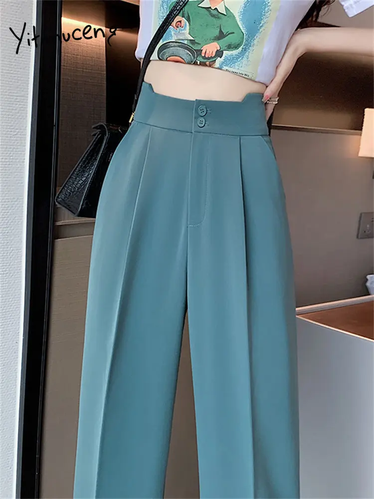 Yitimuceng Suits Pants Women 2023 New High Waisted Solid Wide Leg Pants  Korean Fashion Office Ladies Casual Straight Trousers - AliExpress