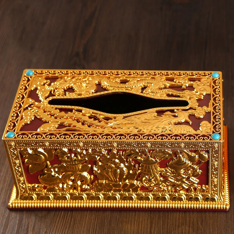 Tibetan Engraved Golden Plastic Paper Box Toilet Living Room Napkin Dispenser Buddhist Storage Box Organizer Desktop Decorative