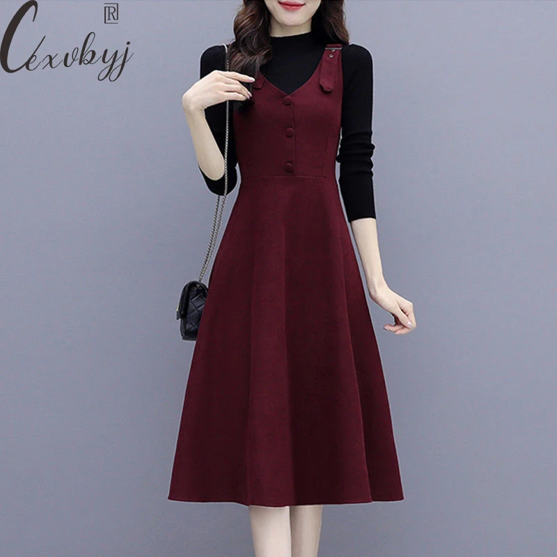 Casual Dress 2 Peice Set Women Knitted Long Sleeve Sweater+Sleeveless Dress Elegant Suits Fall Winter Plus Size Vestidos Outfits
