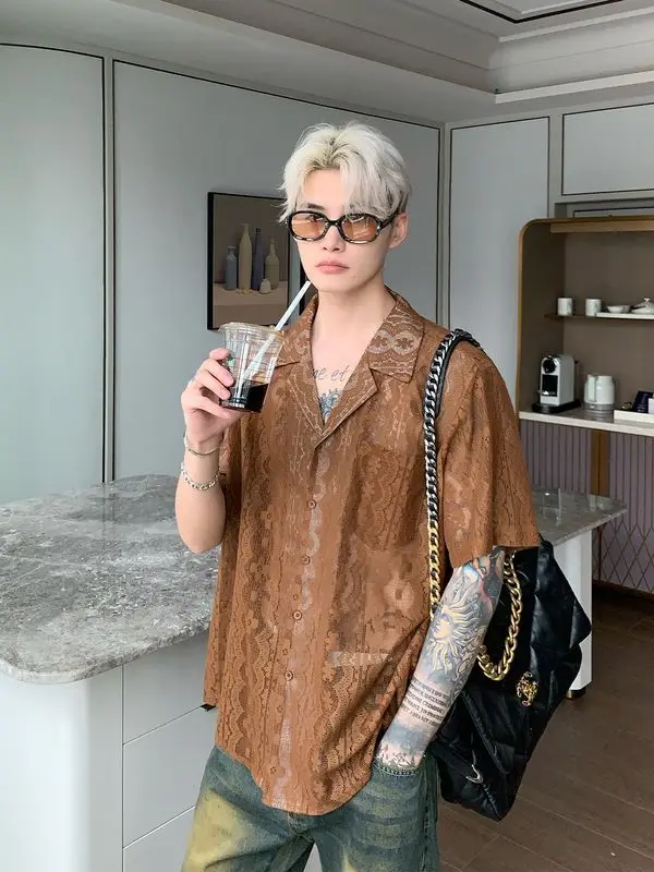 Korean niche retro jacquard hollow design short sleeved shirt T-shirt casual men summer lazy style lapel shirt trendy T-shirt