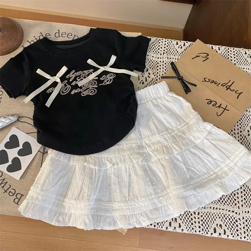 

Children's Clothing2024New Summer Girls' Bow Letter Short SleeveTT-shirt Western Style Lace Culottes Two-Piece Set-WS