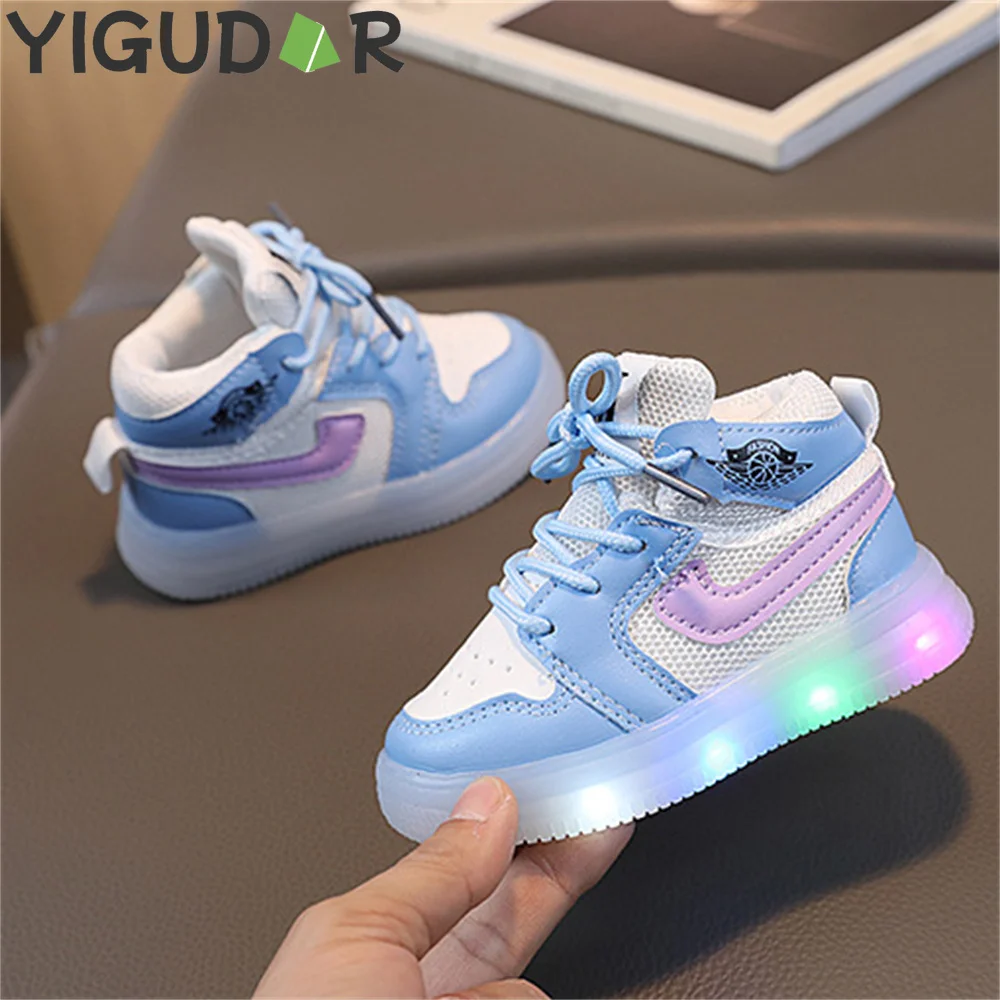 

Spring and Autumn Children's Cricket Shoes High Top Girls' Mesh Casual Shoes Boys' Sports Shoes 1-6 Year Old Baby LED Light Shoe