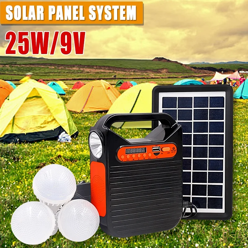 Solar Wind Generator Portable 25W Rechargeable Solar Panel Power Storage Generator System USB Charger with FM Radio 3 LED Bulbs Light for Outdoor