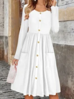Elegant Solid Color Button-Detail Round Neck Long Sleeve Mid-Length Plus Size Women's Dress for Autumn - Image 4