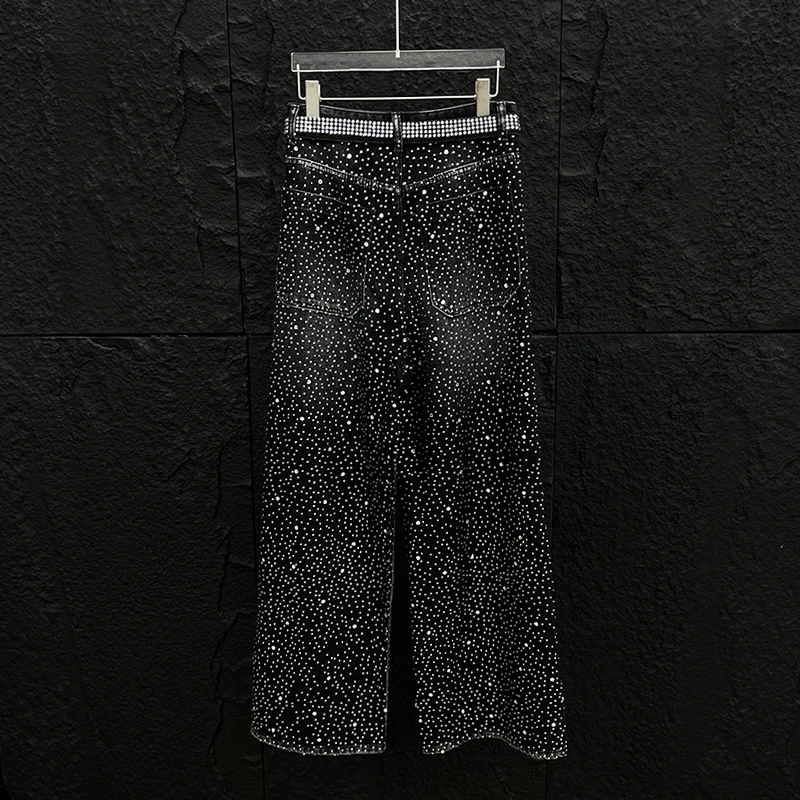 Good Quality Hip Hop Punk Rhinestone Black Jeans With Belt Men Vintage Casual Wide Leg Baggy Jeans Straight Pants