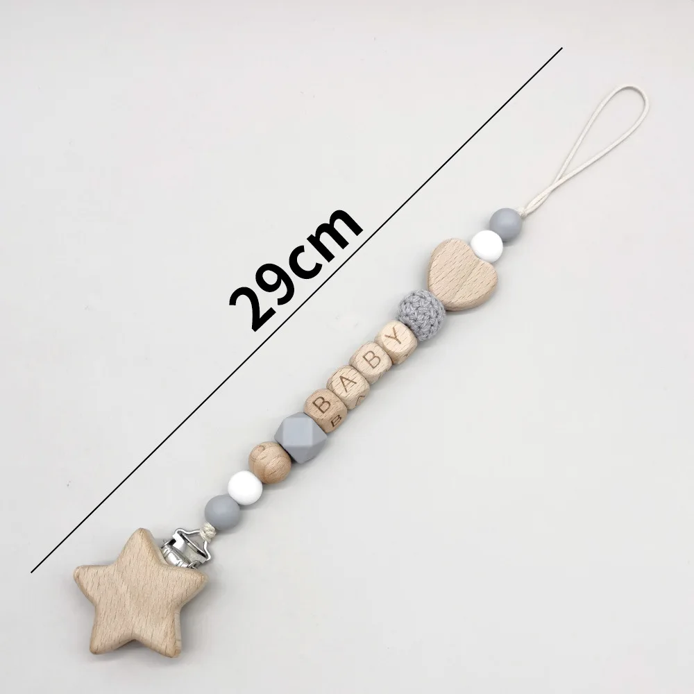 Star Customized Baby Pacifier Clip Chain Personalized Name Silicone & Wood Beads, Baby Anti-Lost Soother Holder