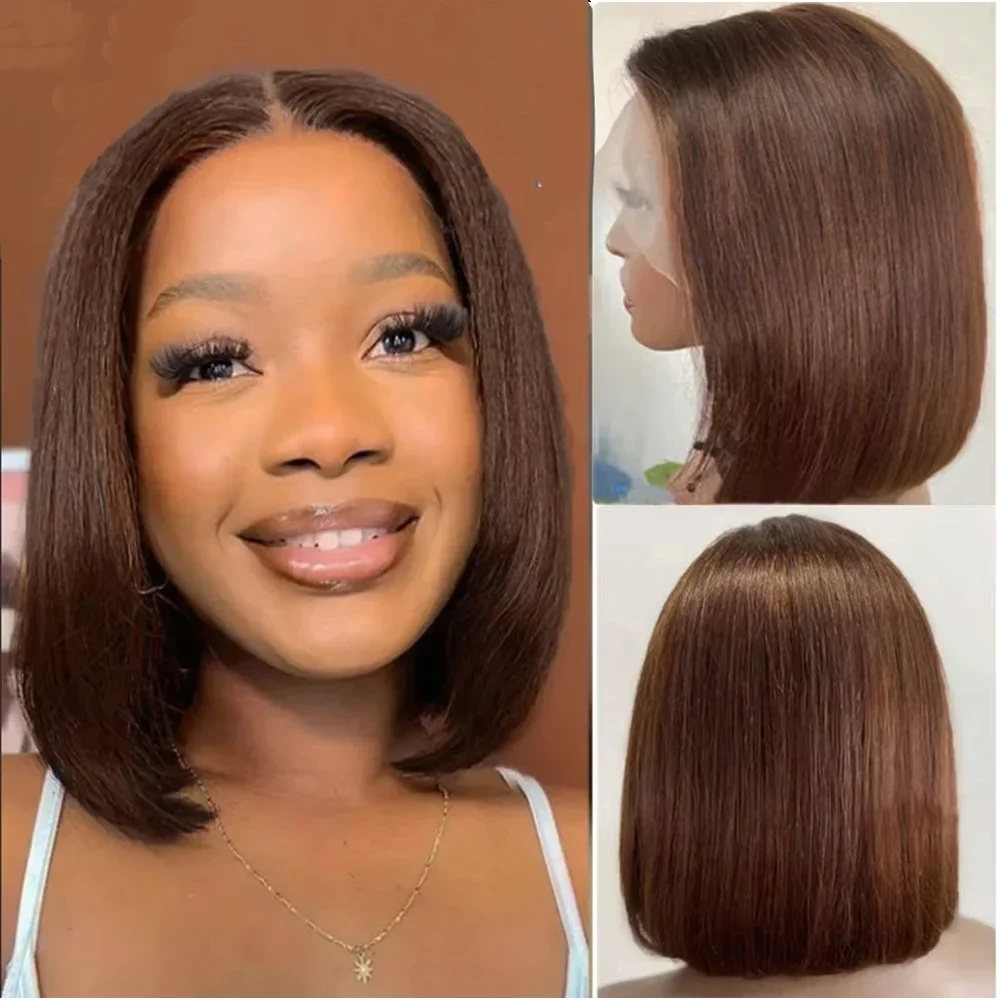 8-14 Zoll 200 Density Straight Short Bob Echthaarperücken für Frauen 13x4 HD Schokoladenbraune Lace-Front-Perücken # 4-farbiges Remy-Haar – Detail 5